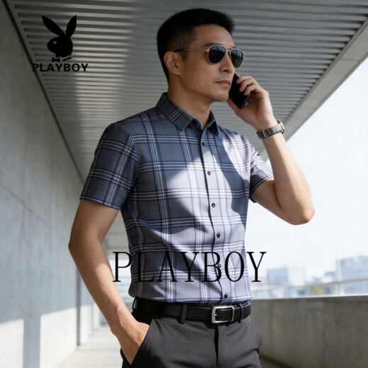 Playboy 2026 Summer Men's Short-Sleeved Shirt Plaid Business Casual Slim-fitting No-Iron Shirt Half-Sleeve Top Blue M 100Jin Jin is equal to 0.5kg -125Jin Jin is equal to 0.5kg