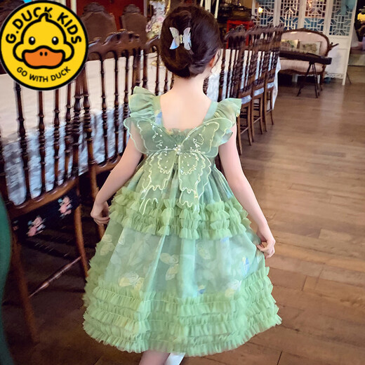 G.duck Girls Dress Summer 2026 New Children's Internet Celebrity Bow Suspender Skirt Girls Puffy Mesh Princess Skirt Green 120 cm