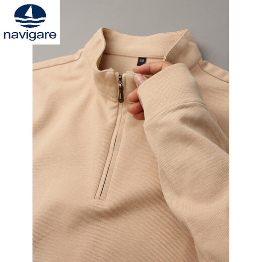 Navigare men's half-zip sweatshirt spring and autumn casual solid color half turtleneck long-sleeved T-shirt men's autumn and winter cotton T inner layering shirt beige M Recommended weight (90-115Jin Jin equals 0.5 kg)