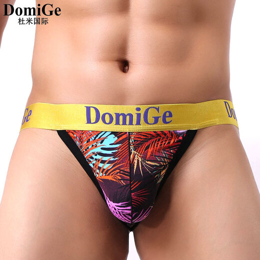 Dumi International men's sexy ultra-thin ice silk underwear printed double-strap T-shaped underwear elastic close-fitting single pack yellow bottom printing 5418 1 pair XXL2.6-2.8 feet