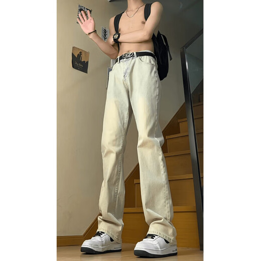 益帛微喇牛仔裤男士冬季加绒美式高街黄泥染做旧宽松休闲直筒长裤子男 泥黄色 XL 【建议120-135斤】