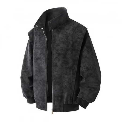 American retro leather jacket for men 2026 new tie-dye jacket spring loose stand-up collar handsome motorcycle jacket for men light gray M