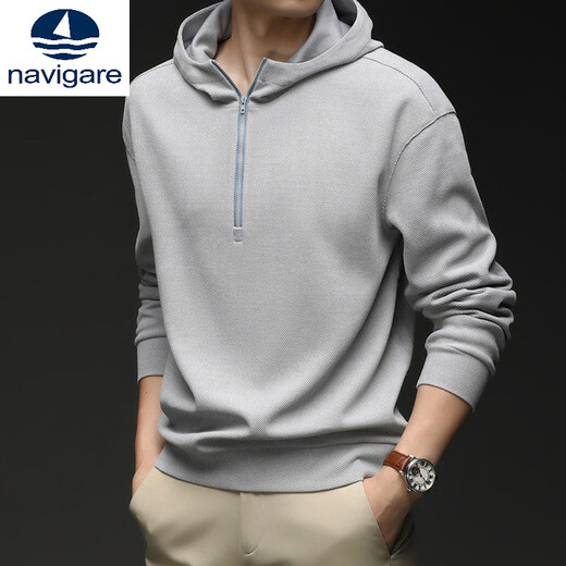 Navigare small sailboat casual style hooded sweatshirt men's half-zip long-sleeved loose trendy men's clothing apricot L 175/88A