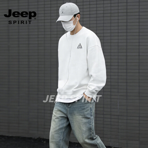 JEEP SPIRIT American retro heavyweight round neck sweatshirt for men 2026 spring loose casual couple tops bottoming shirt gray S