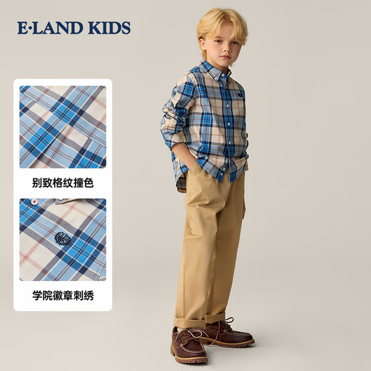 E LAND KIDS pedophile boys' shirt 26 spring new British style embroidered lapel plaid top Beige beige/35 170
