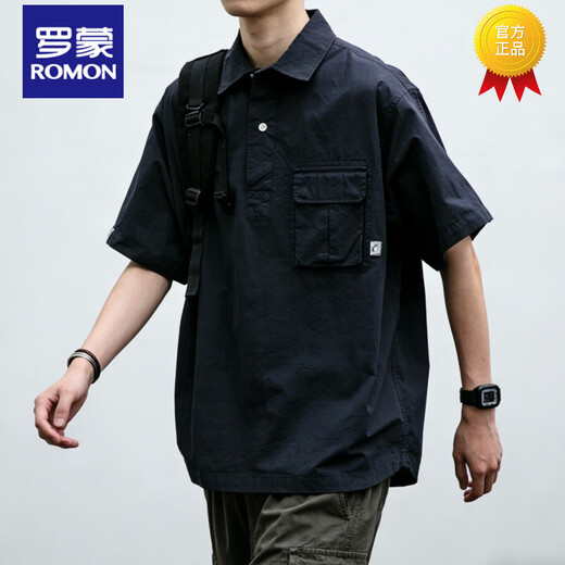 Lomon American retro work shirt for men and women, loose and versatile design, pullover summer outdoor casual shirt jacket, navy L