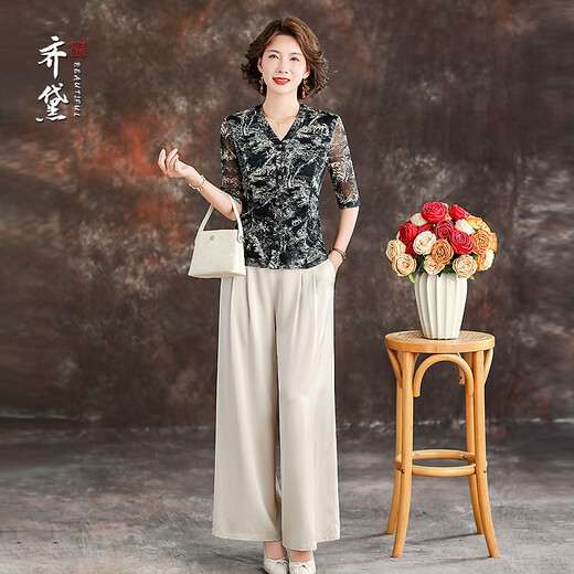 QUEDIT silk mesh top 2026 spring and summer new V-neck elegant temperament commuter mid-sleeve slim fit mother's wear ink rhyme / 100% double layer silk L Recommended 110Jin Jin is equal to within 0.5 kg