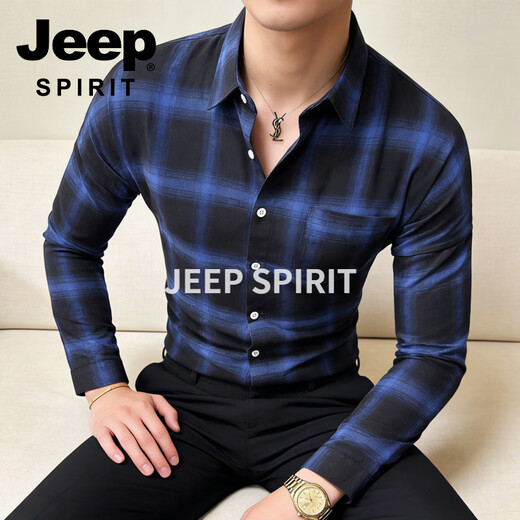 JEEP SPIRIT吉普格子衬衫男长袖修身衬衣男士商务休闲免烫上衣2026春季款休闲 黑色 2XL 120-135 斤
