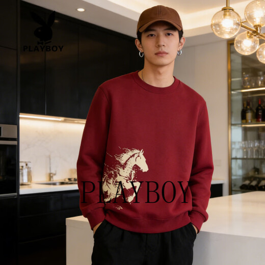 Playboy (PLAYBOY) American Heavyweight Round Neck Sweatshirt Men's 2026 Spring and Autumn Loose Retro Distressed Printed Casual Bottoming Shirt Pullover Burgundy M 90-100Jin Jin is equal to 0.5 kg