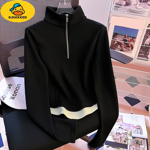 G.duck velvet top for girls 2024 new style half turtleneck zipper fake two-piece versatile warm long-sleeved T-shirt apricot letter 160 recommended height 146-157cm