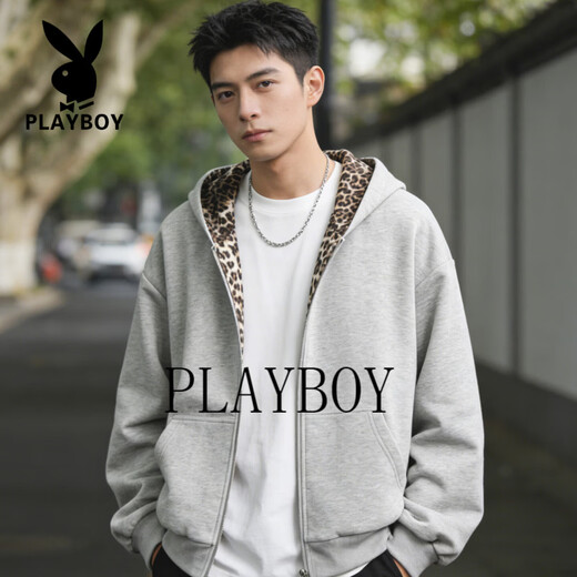Playboy Leopard Print Hooded Sweatshirt Men's American Retro Loose Velvet Warm Cardigan Jacket Men's 2026 Spring and Autumn Style Light Gray M 90-115Jin Jin equals 0.5 kg
