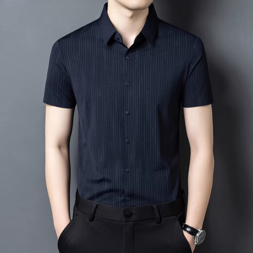 丨Lilang丨Chemise à manches courtes pour hommes 2026 nouveau style mode d'âge moyen rayé affaires décontractée en soie glacée chemise sans repassage à haute élasticité gris vert M 165