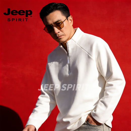 JEEP SPIRIT Primavera 2026 Verano Nuevo Cuello Alto Media Cremallera Sudadera Deportiva Suelta Jersey para Hombre Camisa de Manga Larga Negro S