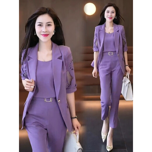 Hengyuanxiang fashionable temperament small suit suit for women 2026 spring and summer new style professional sense suit and pants three-piece set gray coat + vest + pants three-piece set M recommended 75-95Jin Jin equals 0.5 kg
