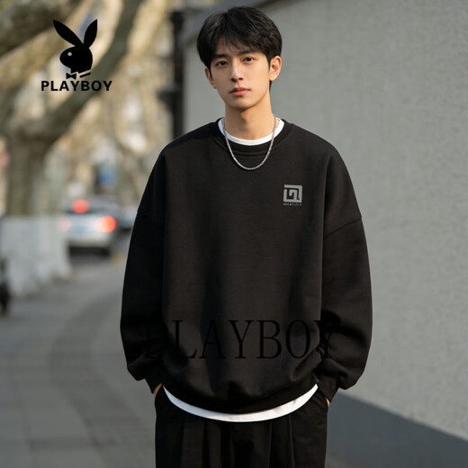 Playboy American Heavyweight Velvet Thickened Round Neck Sweater Men's 2026 Spring Loose Casual Bottoming Shirt Top Black S 95-120Jin Jin is equal to 0.5 kg