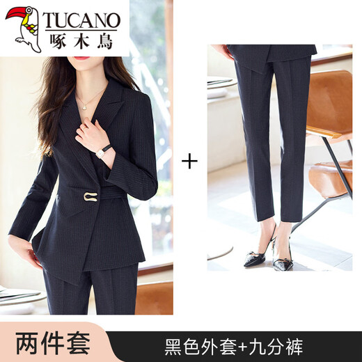 Woodpecker high-end professional suit suit for women, spring and autumn temperament, goddess style hotel manager front desk work clothes, beauty salon work clothes, black (suit + pants) 3XL