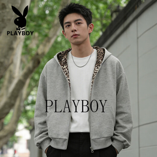 Playboy Leopard Print Hooded Sweatshirt Men's American Retro Loose Velvet Warm Cardigan Jacket Men's 2026 Spring and Autumn Style Light Gray M 90-115Jin Jin equals 0.5 kg