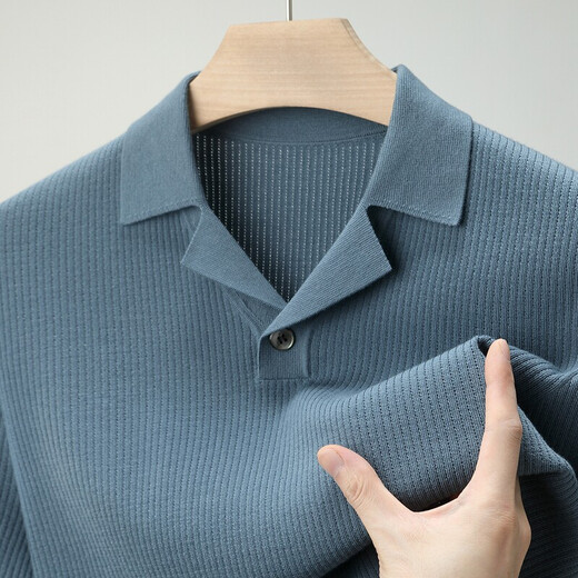 丨Lilang丨 Machine washable 100 count medium thick high density worsted short-sleeved cardigan men's lapel half-sleeved sweater medium gray blue M 165