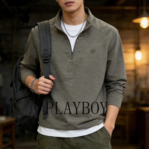 Playboy Half-Zip Stand Collar Sweater Men's 2026 Spring Business Casual Loose Bottoming Shirt Top Jacket Light Gray M 100-120Jin Jin equals 0.5 kg