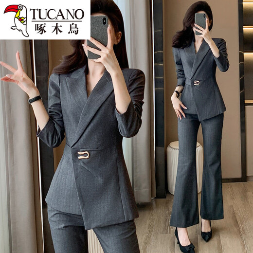 Woodpecker high-end professional suit suit for women, spring and autumn temperament, goddess style hotel manager front desk work clothes, beauty salon work clothes, black (suit + pants) 3XL