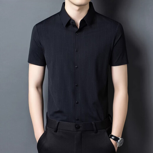 丨Lilang丨Chemise à manches courtes pour hommes 2026 nouveau style mode d'âge moyen rayé affaires décontractée en soie glacée chemise sans repassage à haute élasticité gris vert M 165