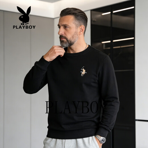 Playboy (PLAYBOY) men's sweatshirt spring and autumn pure cotton round neck pullover fashionable casual loose long-sleeved T-shirt large size dark green 2XL 130-150Jin Jin equals 0.5 kg
