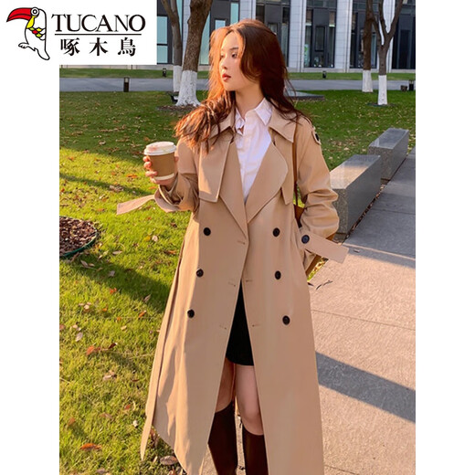 Woodpecker Windbreaker Jacket Women's 2024 Spring and Autumn New Korean Style Suit Collar Mid-Long Jacket Loose Temperament Popular Coat Khaki L