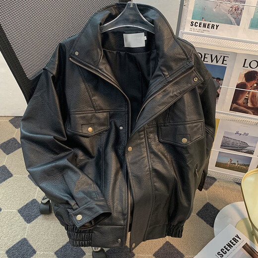 Xiaohongshu Maillard retro leather jacket men's spring and autumn style stand collar pu leather jacket loose trendy brand black M