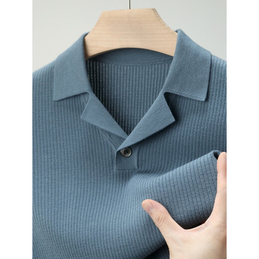 丨Lilang丨 Machine washable 100 count medium thick high density worsted short-sleeved cardigan men's lapel half-sleeved sweater medium gray blue M 165