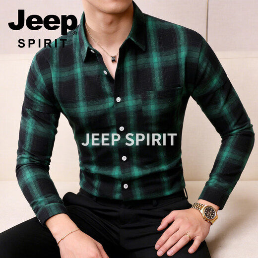 JEEP SPIRIT吉普格子衬衫男长袖修身衬衣男士商务休闲免烫上衣2026春季款休闲 黑色 2XL 120-135 斤
