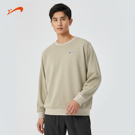 Guirenniao men's round neck sweatshirt 2026 spring and autumn simple brand printed breathable micro-elastic knitted pullover long-sleeved top Khaki M