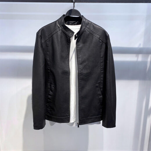 Xiaohongshu selects men's youth spring style leather jackets for men, trendy Korean style trendy motorcycle PU leather clothespins, black - stand-up collar motorcycle PU leather jackets GTPU603 M