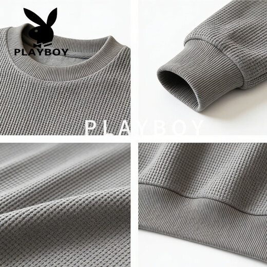 Playboy (PLAYBOY) American retro waffle sweatshirt for men 2026 spring new loose round neck pullover trendy casual long sleeve black L 125-145