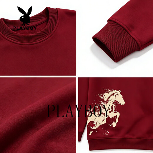 Playboy (PLAYBOY) American Heavyweight Round Neck Sweatshirt Men's 2026 Spring and Autumn Loose Retro Distressed Printed Casual Bottoming Shirt Pullover Burgundy M 90-100Jin Jin is equal to 0.5 kg