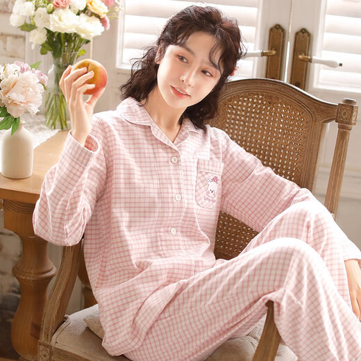 Miandao couple pajamas women's spring and autumn long-sleeved trousers brushed pajamas Japanese style simple plaid embroidered home clothes purple plaid L