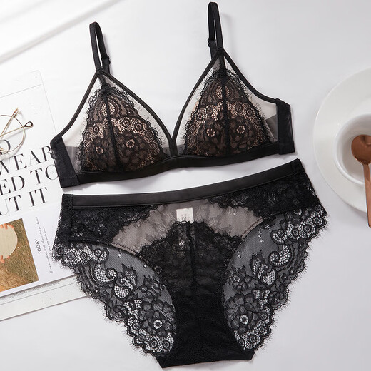 宝娜斯性感法式内衣女士薄款三角杯诱惑蕾丝小胸聚拢文胸奶罩套装送女友 蓝色套装 S 适合(32/70ABC)