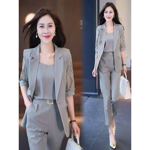 Hengyuanxiang fashionable temperament small suit suit for women 2026 spring and summer new style professional sense suit and pants three-piece set gray coat + vest + pants three-piece set M recommended 75-95Jin Jin equals 0.5 kg