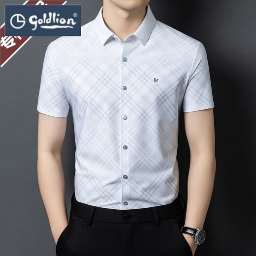 Camisa jacquard Goldlion de manga corta para hombre, seda de morera, negocios, sin planchado, sin costuras, camisa estampada a cuadros de mediana edad 2026 nueva camisa blanca a cuadros 2011 de manga corta sedosa sin planchado M 165/48
