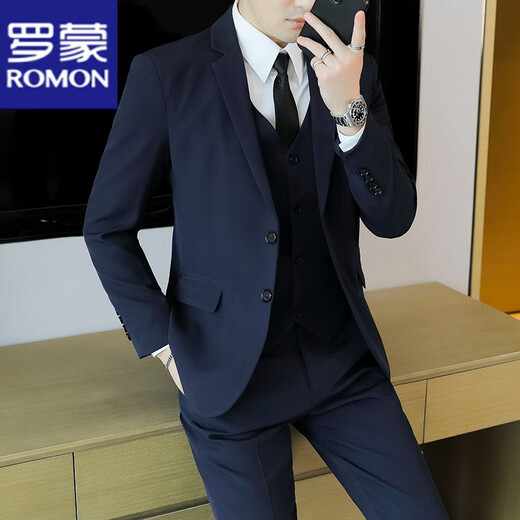 ROMON suit men's casual Korean style business professional formal three-piece suit slim fit wedding groomsmen and groom suit jacket two-button navy single suit jacket 3XL