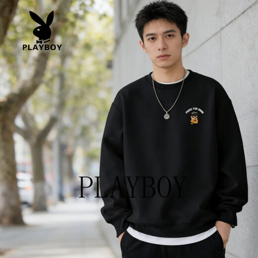 Playboy-Pullover Herren 2026 Frühjahr Neues trendiges lockeres Rundhals-Oberteil Männlicher Student All-Match-Casual-Bottom-Shirt Schwarz S 95-120Jin Jin entspricht 0,5 kg