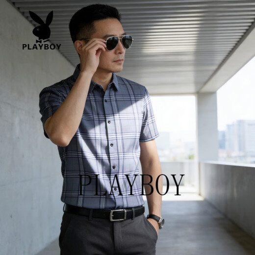 Playboy 2026 Summer Men's Short-Sleeved Shirt Plaid Business Casual Slim-fitting No-Iron Shirt Half-Sleeve Top Blue M 100Jin Jin is equal to 0.5kg -125Jin Jin is equal to 0.5kg