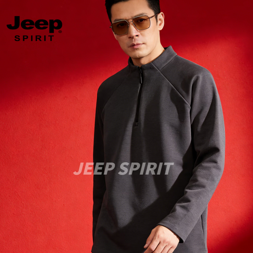 JEEP SPIRIT Primavera 2026 Verano Nuevo Cuello Alto Media Cremallera Sudadera Deportiva Suelta Jersey para Hombre Camisa de Manga Larga Negro S