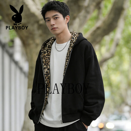 Playboy Leopard Print Hooded Sweatshirt Men's American Retro Loose Velvet Warm Cardigan Jacket Men's 2026 Spring and Autumn Style Light Gray M 90-115Jin Jin equals 0.5 kg