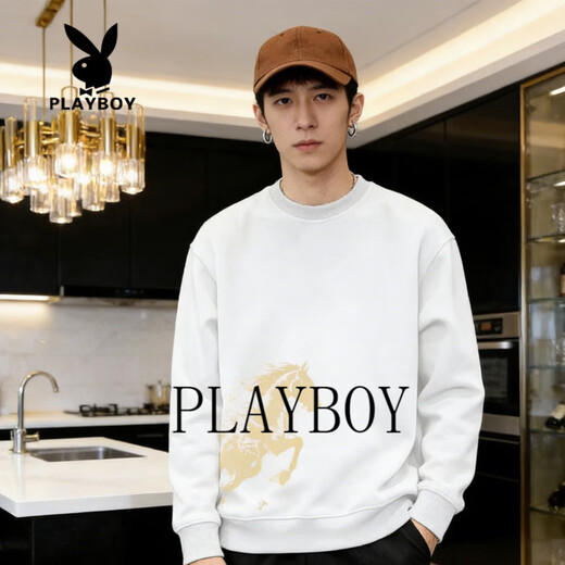 Playboy (PLAYBOY) American Heavyweight Round Neck Sweatshirt Men's 2026 Spring and Autumn Loose Retro Distressed Printed Casual Bottoming Shirt Pullover Burgundy M 90-100Jin Jin is equal to 0.5 kg