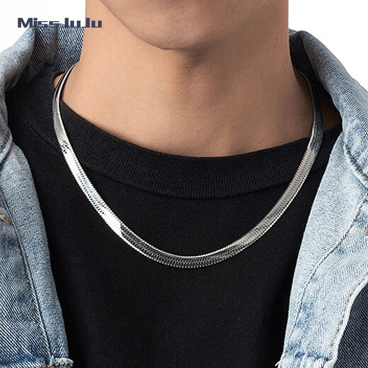 Miss JuJu pt950 platinum necklace platinum men's plain chain fashion wide flat blade chain shiny snakeskin snake bone chain for women weight 7.7-7.9g length 48cm width 2.0mmM buckle