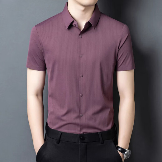 丨Lilang丨Chemise à manches courtes pour hommes 2026 nouveau style mode d'âge moyen rayé affaires décontractée en soie glacée chemise sans repassage à haute élasticité gris vert M 165
