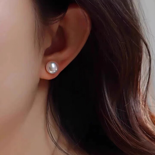 Yushangzhenpin S999 sterling silver freshwater pearl earrings for women, ear piercing earrings, light luxury, high-end, simple earrings gift, 9.5-10mm pearl earrings with silicone ear plugs
