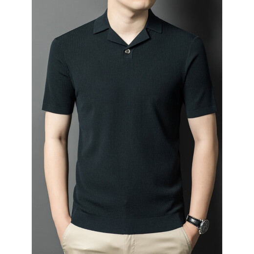 丨Lilang丨 Machine washable 100 count medium thick high density worsted short-sleeved cardigan men's lapel half-sleeved sweater medium gray blue M 165