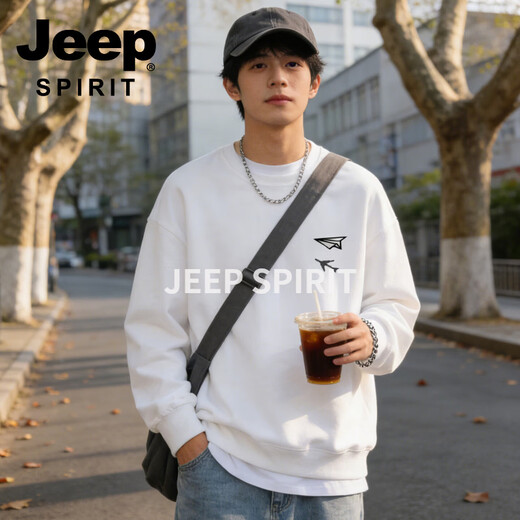 JEEP SPIRIT Jeep American Retro Round Neck Sweater Men's 2026 Spring New Loose Versatile Casual Tops Bottoming Jacket White S 95-120 Jin Jin is equal to 0.5 kg