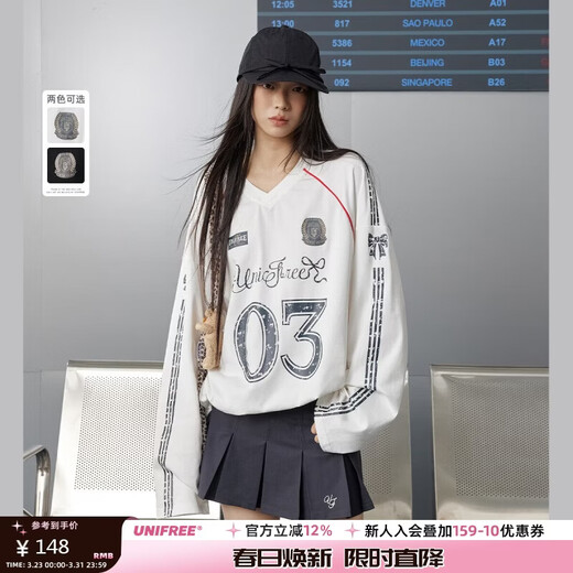 UNIFREE celebrity style American V-neck long-sleeved T-shirt trendy brand sports off-shoulder loose jersey white M